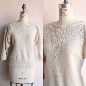 Vintage 1980s Sweater, Bonnie Boerer Ivory Pullover with Fringed Beading,